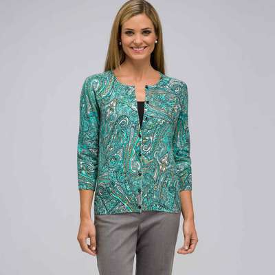 3/4 Sleeve Crew Neck Cardigan, Multi, medium