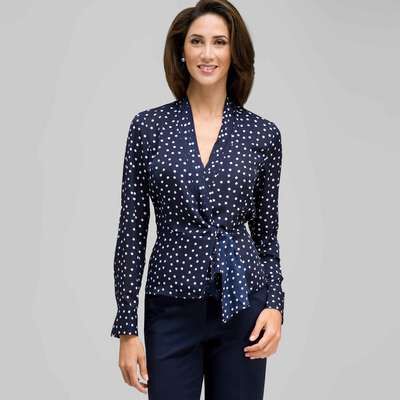 Long Sleeve Tie Front Blouse, Admiral Navy & White, medium