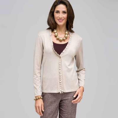 Long Sleeve Ruffle Front Trim Cardigan, Fawn Heather, medium