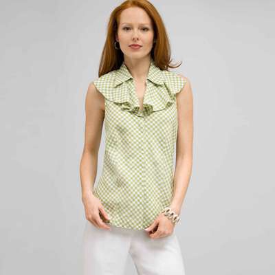 Ruffle Front Sleeveless Blouse., Sugar Pea and White, medium