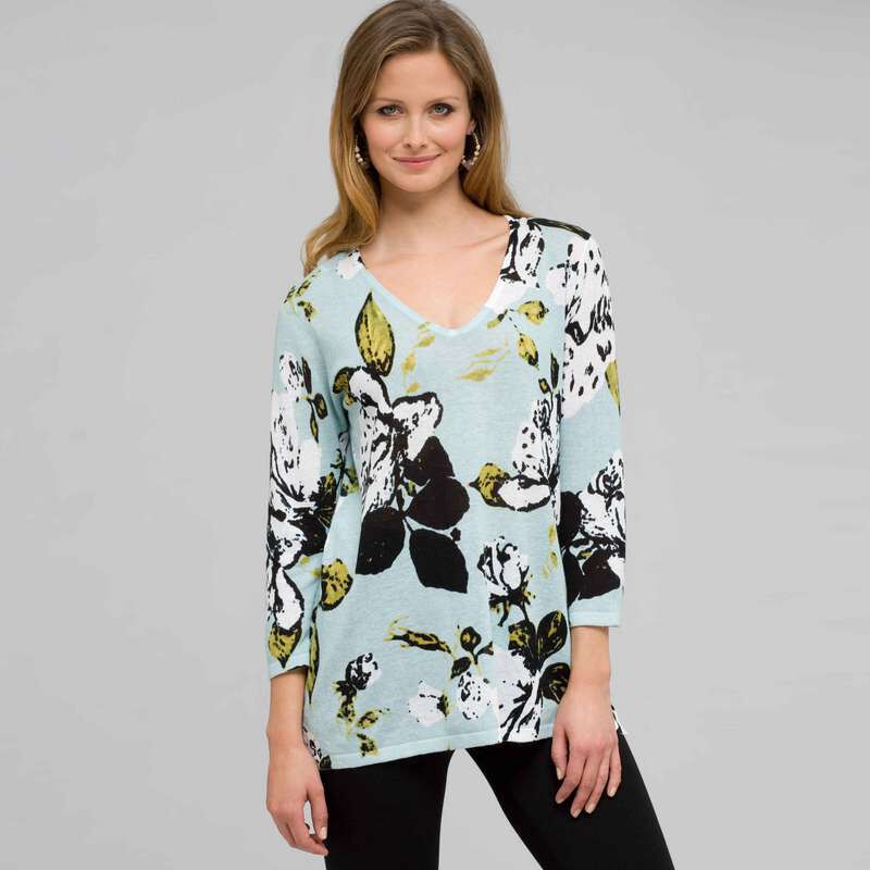 Printed V-Neck Pullover, , large