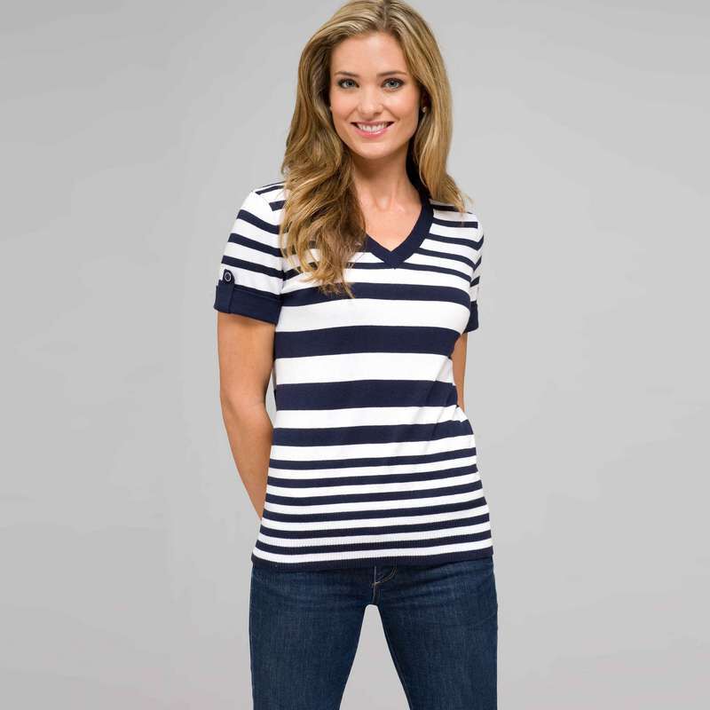 Striped Sleeve V-Neck Roll Cuff Tee, , large