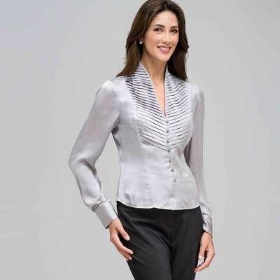 Pleated Bib Long Sleeve Shirt, Silver Grey, medium