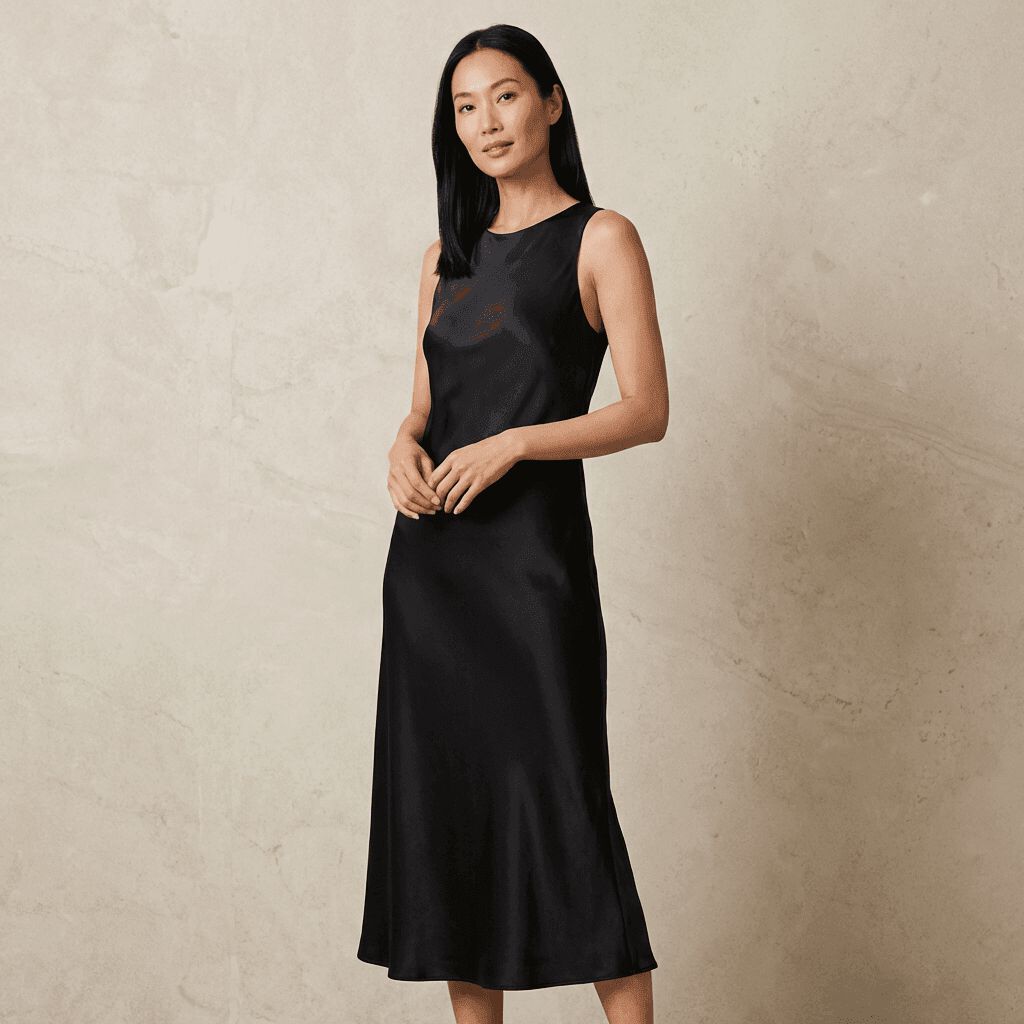 Silk Midi Dress, Black, medium