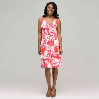 Floral V-Neck Dress, Pink Multi, medium