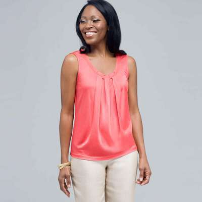 Sleeveless Pleated Top., New Coral, medium