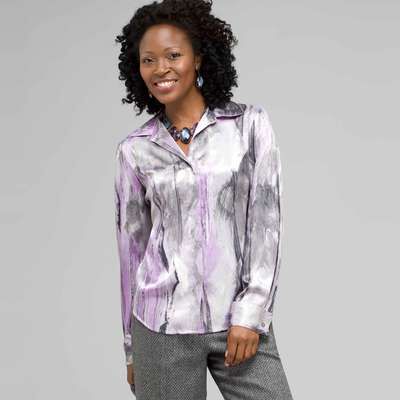 Long Sleeve Covered Placket Blouse, Multi, medium