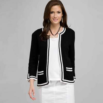 3/4 Sleeve Cardigan, Black & White, medium