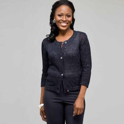 3/4 Sleeve Button Front Cardigan, Ink & Silver, medium
