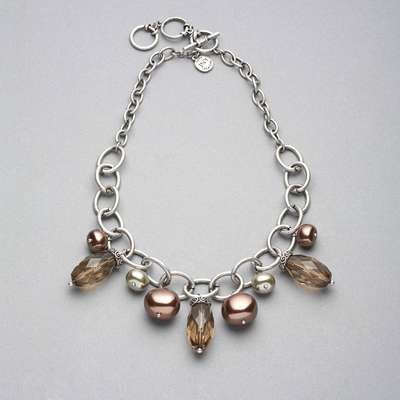 Green and Brown Beaded Frontal Collar Necklace, Silver Ox, medium