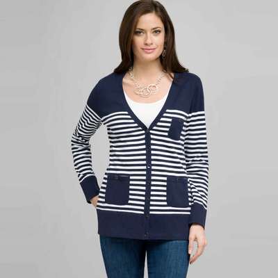 Navy and White Striped Cardigan, swiss navy & white, medium