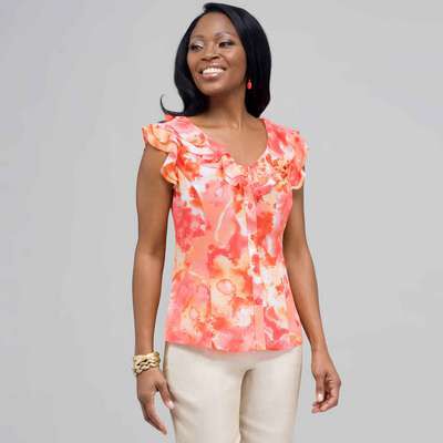 Ruffle Neckline Button Down Blouse, New Coral Multi, medium