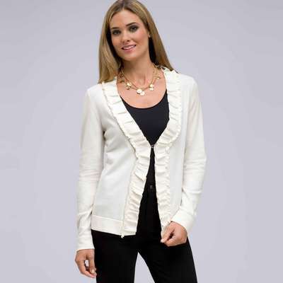 Long Sleeve Ruffle Front Cardigan, Sugar, medium