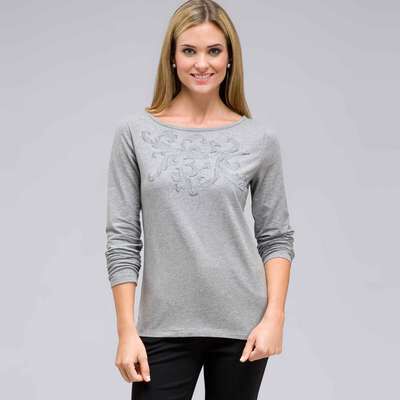 Long Sleeve Embellished Boat Neck Top, Grey Heather, medium