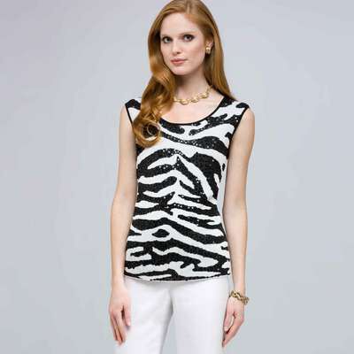 Sequined Animal Print Shell., Black & White, medium