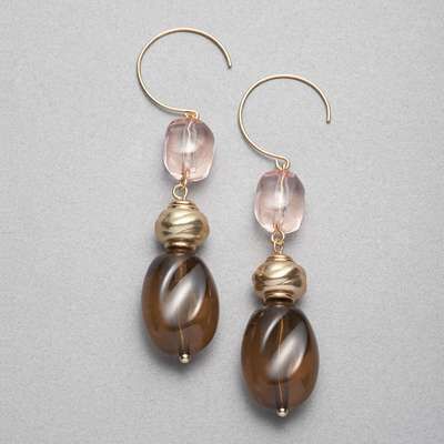 Brown and Pink Drop Earrings, Gold, medium