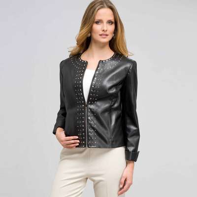 Leather Top Front Studded Jacket, Black, medium